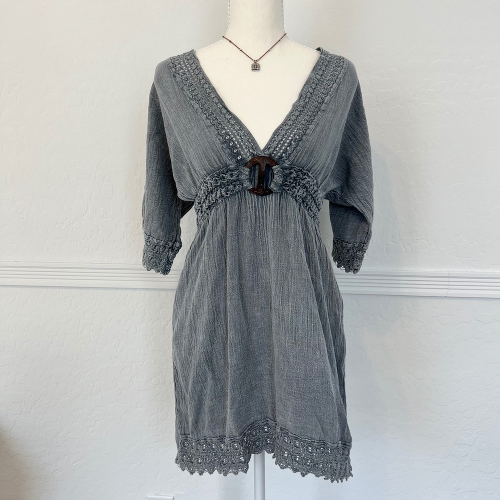 vintage boho babydoll mini dress with wooden ring